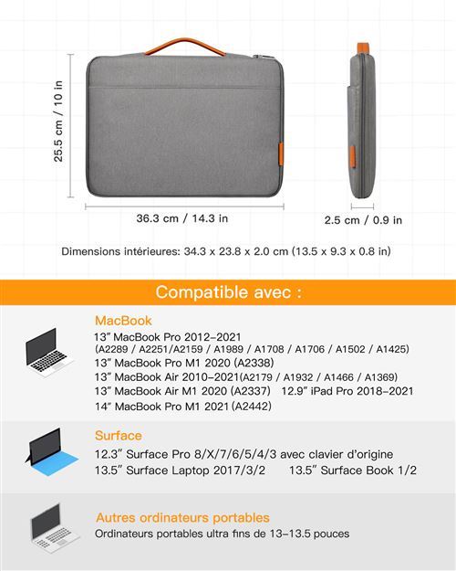 3€ sur Inateck Housse 13-13,3 Pouces Compatible avec MacBook Air/MacBook Pro  13 M2/M1 2022 2021-2018, MacBook Pro 14 Pouces M3 2023, Surface Pro  9/8/7/X/6/5/4/3, Sacoche/Pochette Ordinateur 13 - Gris - Housses PC  Portable - Achat & prix