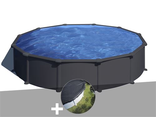 Kit piscine acier gris anthracite Gré Juni ronde 5,70 x 1,32 m + Bâche d'hivernage