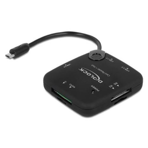 Delock Noir Micro Usb Otg Card Reader + 3 Port Usb Hub - Lecteur De Carte (Ms, Ms Pro, Mmc, Sd, Ms Duo, Ms Pro Duo, Rs-Mmc, Transflash, Microsd, Mmcmicro, Sdhc, Ms Micro, Microsdhc, Sdxc, Microsdxc, Ms Pro-Hg) - Usb