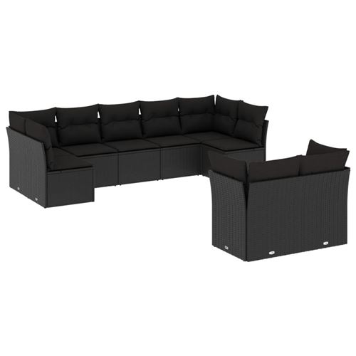  Salon de jardin 9 pcs avec coussins noir r&eacute;sine tress&eacute;e sans table