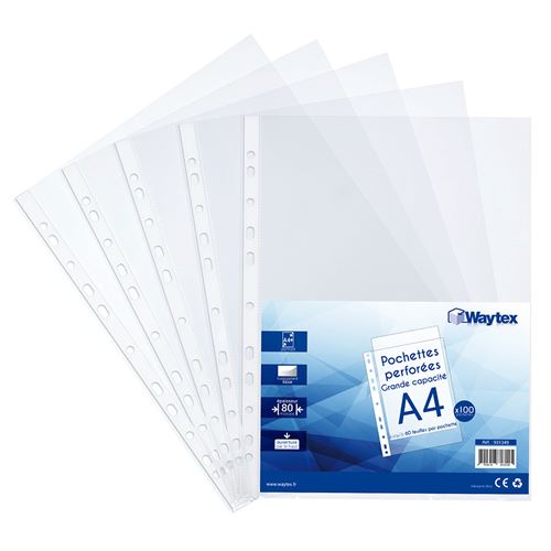 Waytex 931349 Pochettes Perforées A4 Transparentes Lisses 80 Microns - Paquet De 100