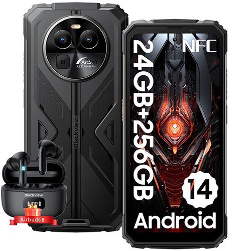 Blackview BV8100 Smartphone Incassable 6,5 Android 14 (8+16)Go+256Go 50MP 8800mAh Noir avec Écouteurs Bluetooth Airbuds8