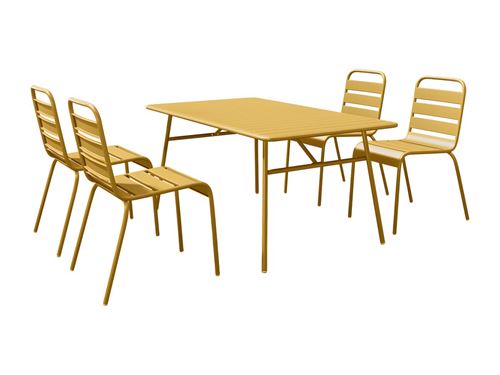 Salle à manger de jardin en métal - une table L.160 cm et 4 chaises empilables - Jaune moutarde - MIRMANDE de MYLIA