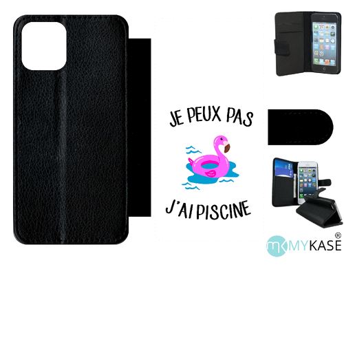 Etui My-Kase pour iPhone 11 Pro - je peux pas j ai piscine bouee flamand rose fond blanc - Simili-cuir Noir