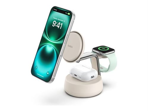 Belkin UltraCharge Pro - Support de chargement sans fil - 3-en-1, Qi2 + adaptateur secteur - 25 Watt - Fast Charge - sable