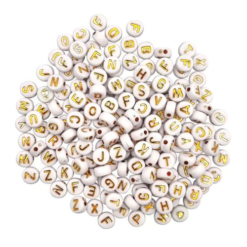 Perles - Rondes - Lettres - Blanc et or - Pour bijoux, collier, bracelet