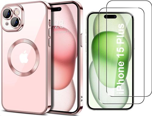 Coque Silicone Pour iPhone 15 Plus Couleur Rose Compatible Magsafe + 2 Verres Trempe Protection Ecran Little Boutik®