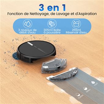 Robot Aspirateur Laveur 2 En 1 Sans Fil - WiFi, APP, Station Charge, Noir