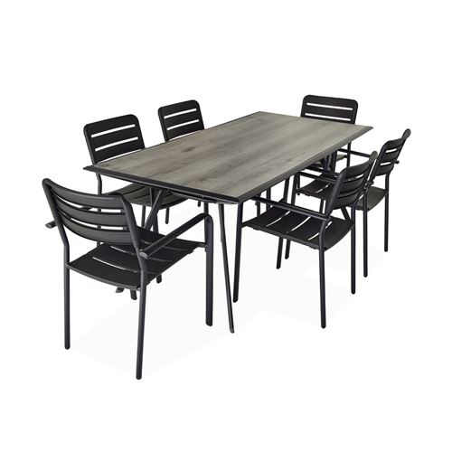 Sweeek Table de jardin plateau effet bois structure acier 180 cm avec 6 chaises en acier incluses
