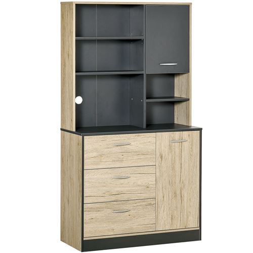 Armoire de cuisine multi-rangements 2 portes 3 tiroirs 3 étagères + grand plateau 90L x 39l x 169H cm bicolore chêne clair noir