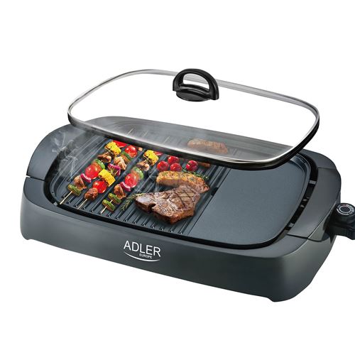 Grill électrique Adler 3000W - Couvercle en verre - 2 zones de cuisson + Spatule