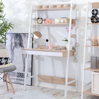 Bureau Echelle Bureau Scandinave Tygeo 85 Cm Blanc Effet Chene Construction Solide En Acier 2 Etageres 2 Tiroirs Achat Prix Fnac