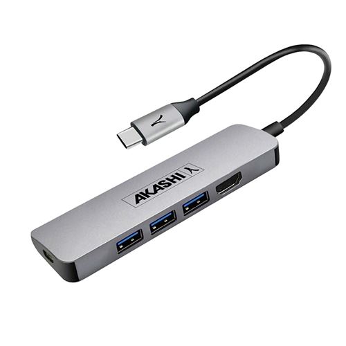 Akashi Adaptateur Hub USB Type C 4 en 1 Adaptateur Multiports USB 3.0 / HDMI 4K / USB Type-C Compact - Gris