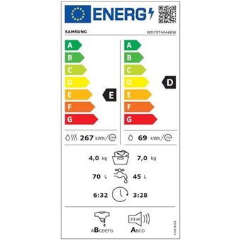 Samsung WD70T4046EW - Machine à laver séchante - largeur : 60 cm - profondeur : 61.8 cm - hauteur : 85 cm - chargement frontal - 7 kg - 1400 tours/min - blanc