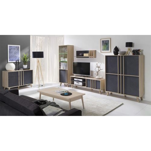 ENSEMBLE MEUBLES DE SALON, MALMO coloris gris. Bibliothèque + Meuble tv + Etagère + Table basse.