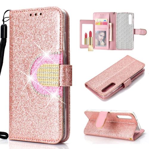 Etui en PU décor strass scintillant avec miroir or rose pour votre Huawei P30