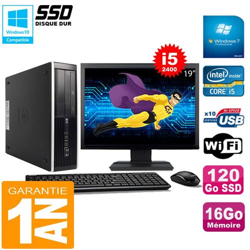Pc hp compaq pro 6300 sff i5-2400 16go 120go ssd graveur dvd wifi w7 ecran 19'