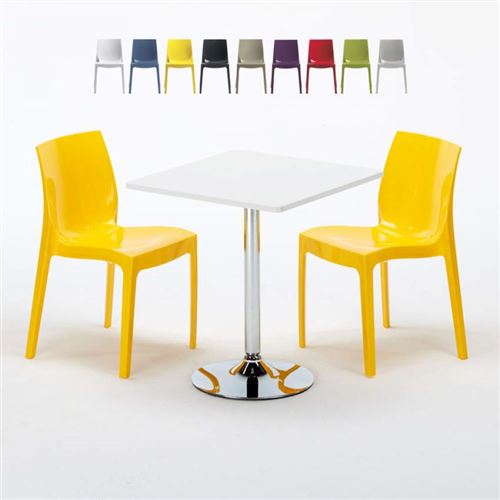 Table Carrée Blanche 70x70cm Avec 2 Chaises Colorées Grand Soleil Set Intérieur Bar Café Ice COCKTAIL, Couleur: Jaune