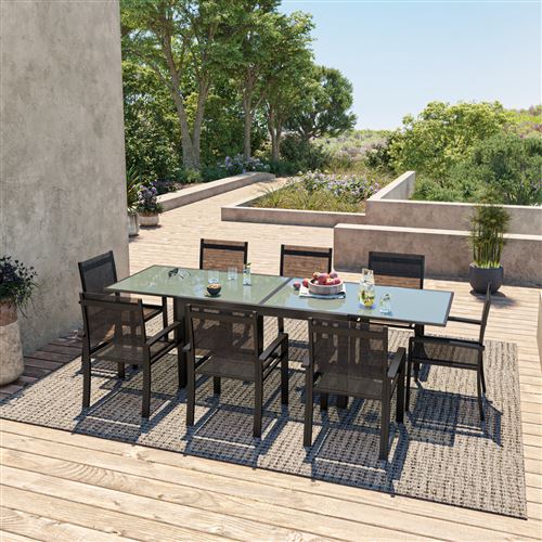 Avril Paris - Table de jardin extensible aluminium 140/280cm + 8 fauteuils textilène Noir - HARA XL