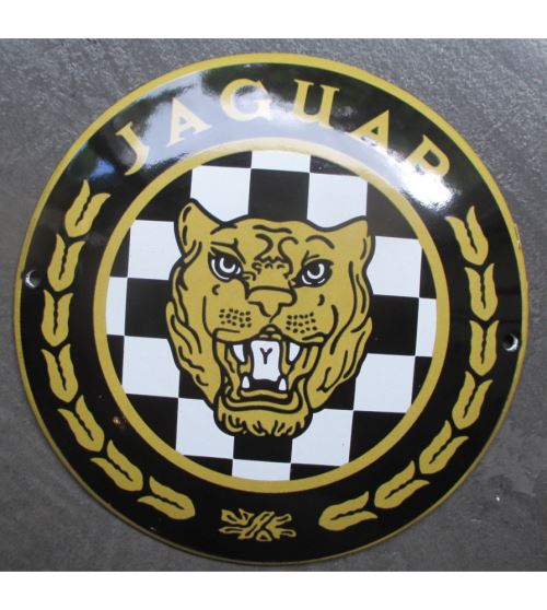 mini plaque emaillée jaguar noir blanc doré tole ronde 12cm deco métal garage huile essence