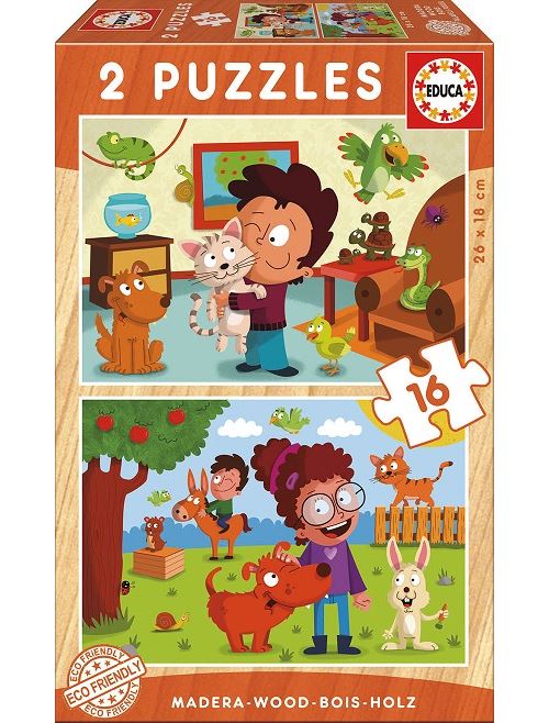 EDUCA Puzzle en bois  : les enfants et les animaux de compagnie - 2 x 16 pieces 