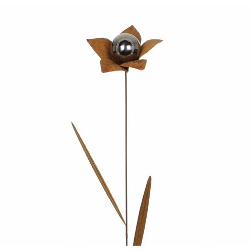 L'Héritier Du Temps - Fleur sur tige tuteur à piquer décoration florale branche avec feuilles déco de jardin en métal oxydé et boule chromé 22x22x91cm