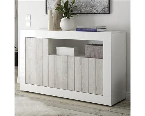 Bahut blanc laqué et couleur pin 140 cm moderne SERENA 3 - Blanc - L 138 x P 42 x H 86 cm