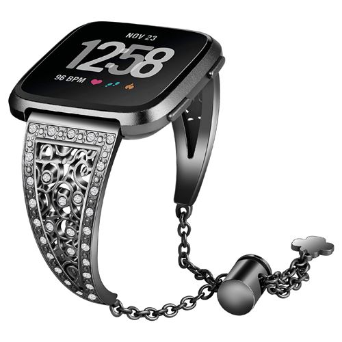 Bracelet en acier inoxydable motif fleur réglable pour Fitbit Versa 3 / Sense - Noir