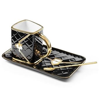 Tasse Sac à Main avec Assiette Cuillere Mug matelassé noir et doré - 1