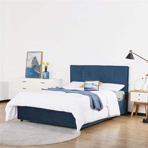OCTAVE Lit adulte 140x190 cm - Tissu bleu foncé - Sommier a lattes