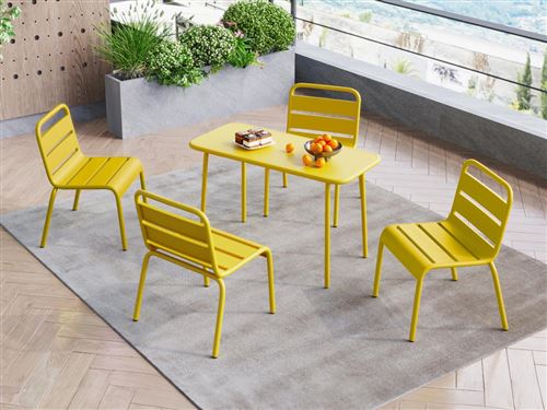 Salle à manger de jardin pour enfants en métal - une table et 4 chaises empilables - Jaune moutarde - POPAYAN de MYLIA