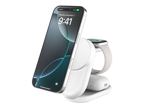 Belkin UltraCharge - Support de chargement sans fil - 3-en-1, magnétique, pliable, avec Qi2 + adaptateur secteur - 25 Watt - Fast Charge - blanc
