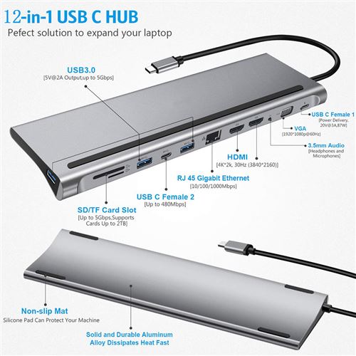 5 port hub USB de type C pour USB3.0 3.5AUDIO HDMI VGA Pd