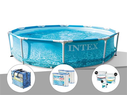 Kit piscine tubulaire Intex Metal Frame Ocean ronde 3,05 x 0,76 m + Bâche à bulles + 6 cartouches de filtration + Kit de traitement au chlore