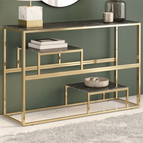 Non Communiqué Doré Table Console Acier Inoxydable Et Verre Trempé