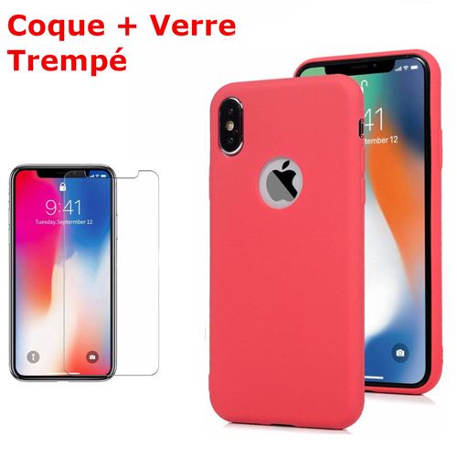 Coque Souple Silicone Pour iPhone XR Rouge + Verre Trempé Anti chocs et Rayures Vitre de Protection
