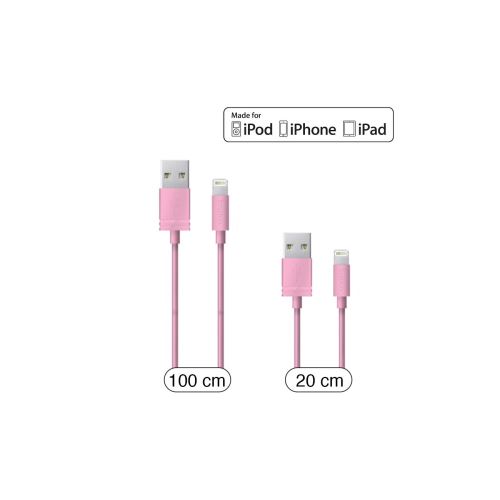 cable lightning mfi rose 1m et 0.2m