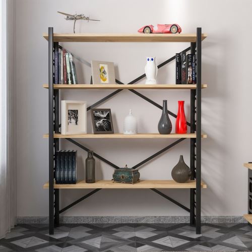 HOMEMANIA Bibliothèque Loop avec Étagères, Meuble de Rangement - pour Salon, Bureau - Chêne, Noir en Bois, 120 x 35 x 148,5 cm