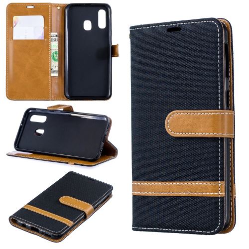 Etui en PU tissu jeans de couleur assortie noir pour votre Samsung Galaxy A40