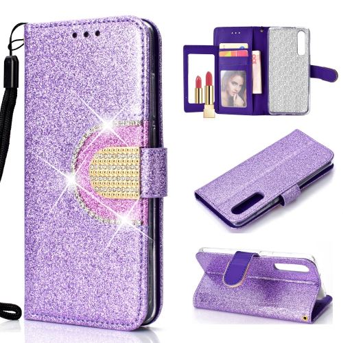 Etui en PU décor strass scintillant avec miroir violet pour votre Huawei P30