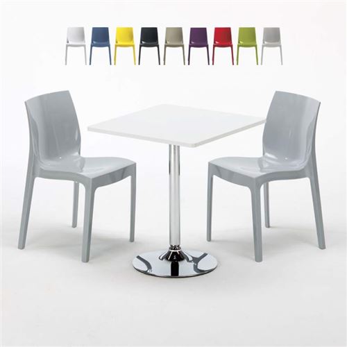 Table Carrée Blanche 70x70cm Avec 2 Chaises Colorées Grand Soleil Set Intérieur Bar Café Ice COCKTAIL, Couleur: Gris