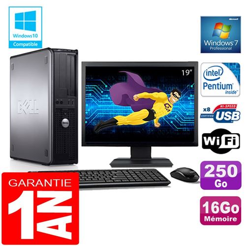 PC Dell 780 Dt Intel E5300 Ram 16Go Disque 250 Go WiFi W7 Ecran 19'