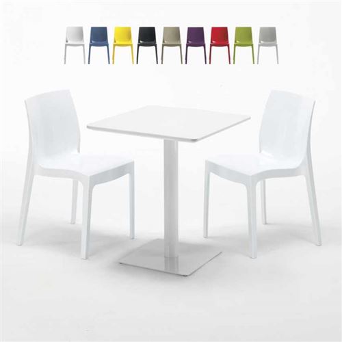 Table carrée 60x60 blanche avec 2 chaises colorées Ice Lemon, Couleur: Blanc