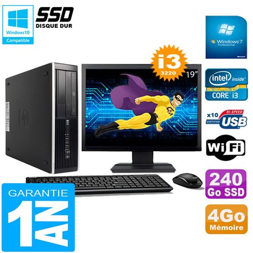 Pc hp compaq pro 6300 sff i3-3220 4go 240go ssd graveur dvd wifi w7 ecran 19'