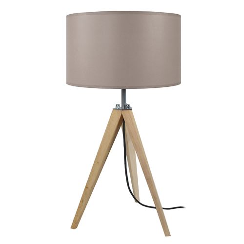 IDUN Lampe a poser trépied en bois naturel avec abat-jour cylindrique en coton écru E27 30x56 cm