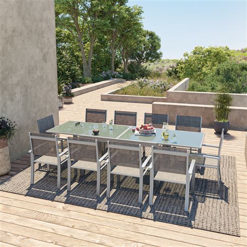 Avril Paris - Table de jardin extensible aluminium 140/280cm + 10 fauteuils textilène Argentée - HARA XL