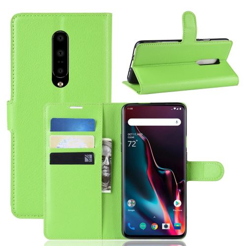 Etui en PU texture litchi avec support vert pour votre OnePlus 7