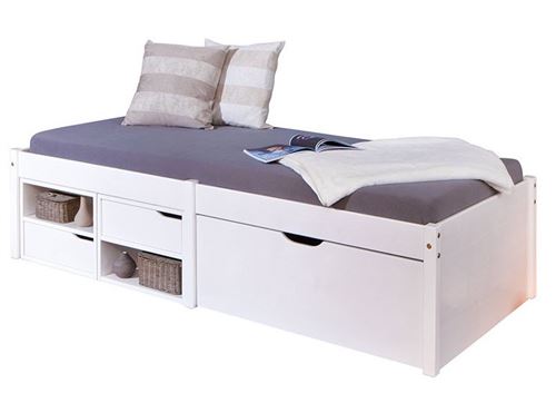 Paris Prix - Lit Multi-rangements Pin amy 90x200cm Blanc