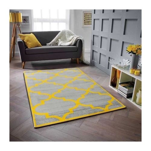 GALA Tapis de salon en polypropylene - 160 x 230 cm - Gris et Jaune - Motif Arabesque