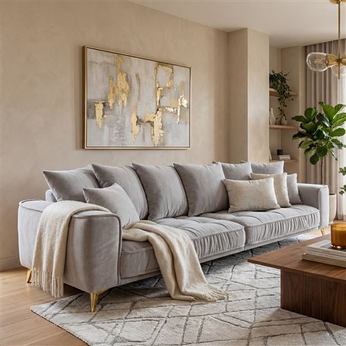 Canap&eacute; Velours Droit Gris Clair Altamo - 4 Places - Gris clair